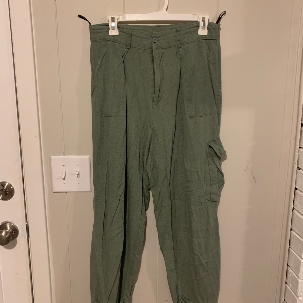 green linen cargo pants